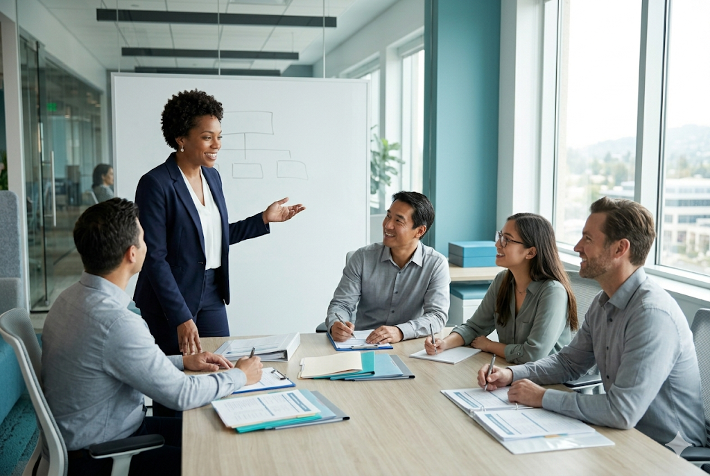 HR manager presenting employee benefits to a team
