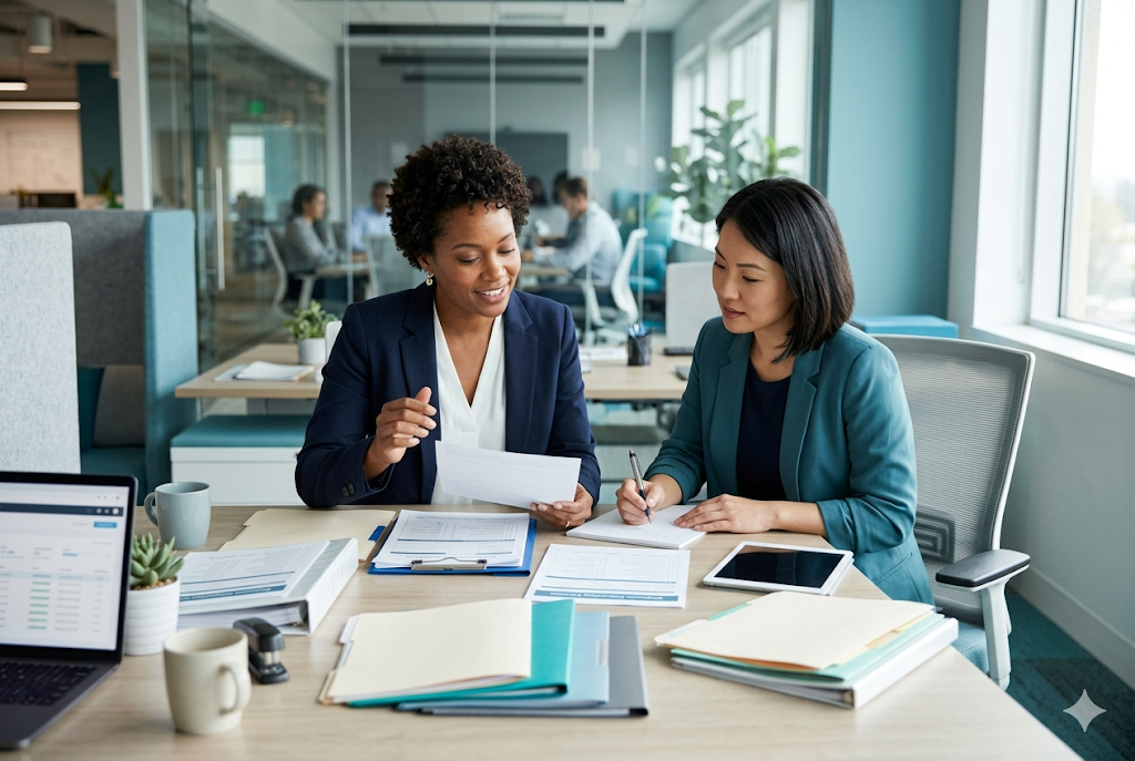 HR professionals reviewing employee onboarding documents