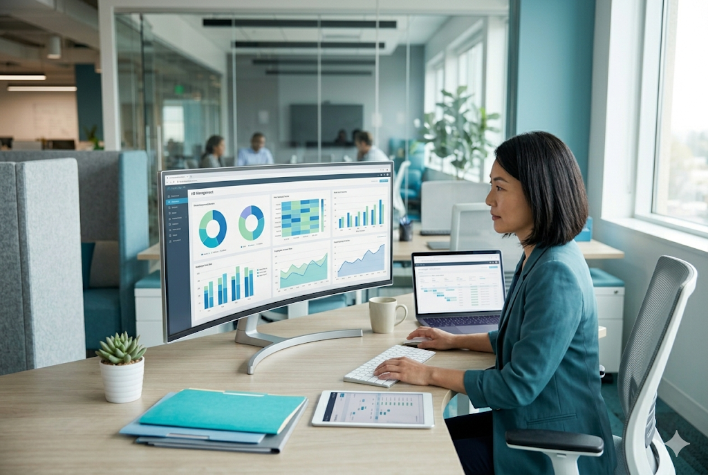 Professional using HR management dashboard on large monitor