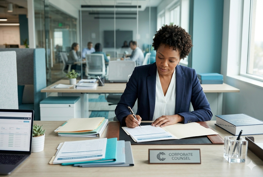 Corporate lawyer reviewing and signing legal documents