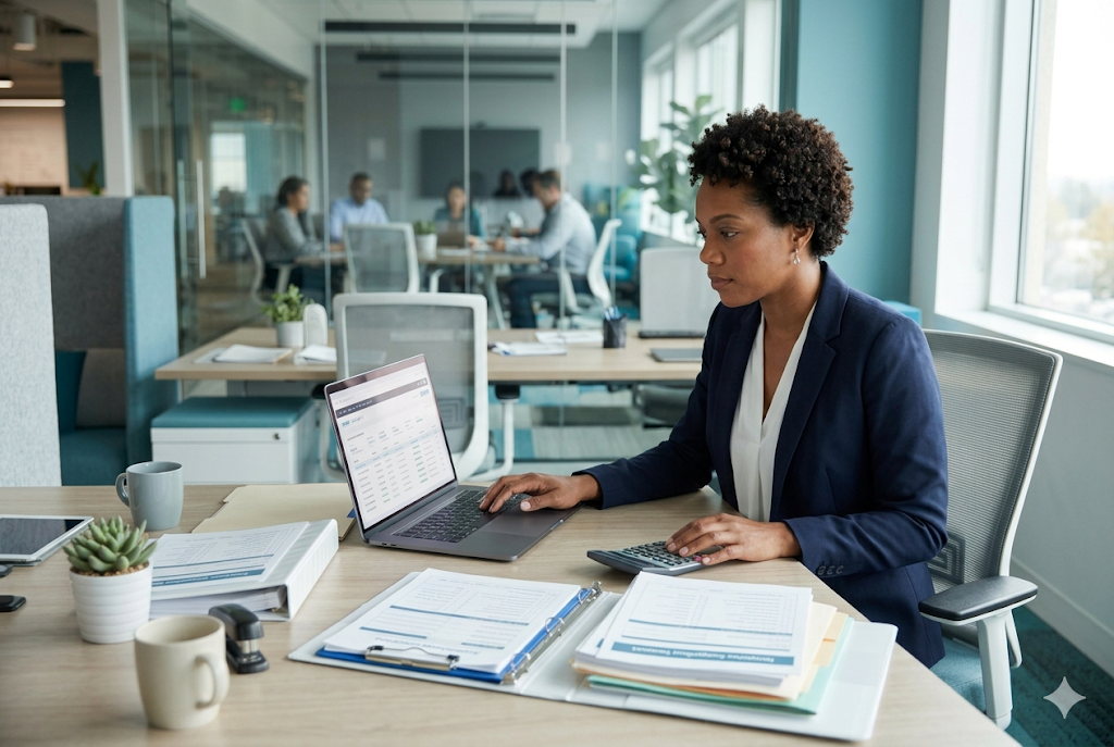 Accountant reviewing payroll and financial compliance documents