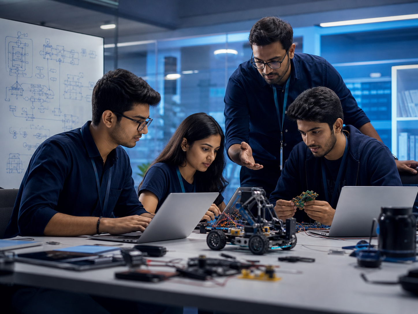 Engineering graduates working with a mentor in a modern innovation lab
